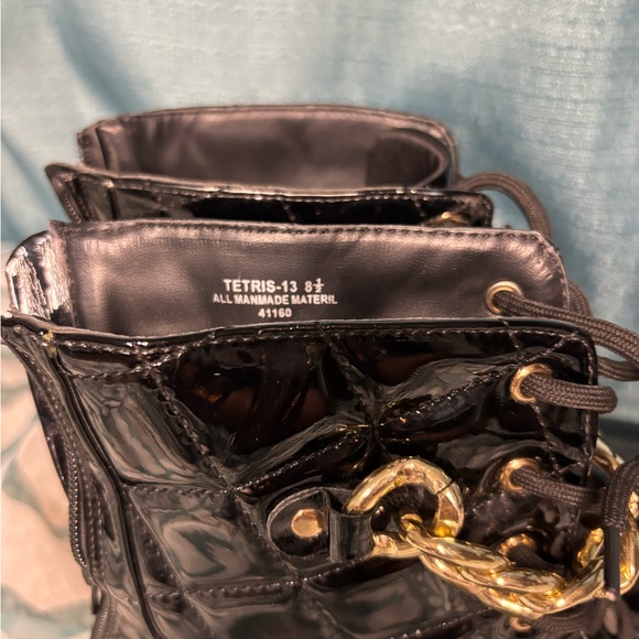 Glossy Black Quilted Combat Boots with Gold Chain - Picture 3 of 6